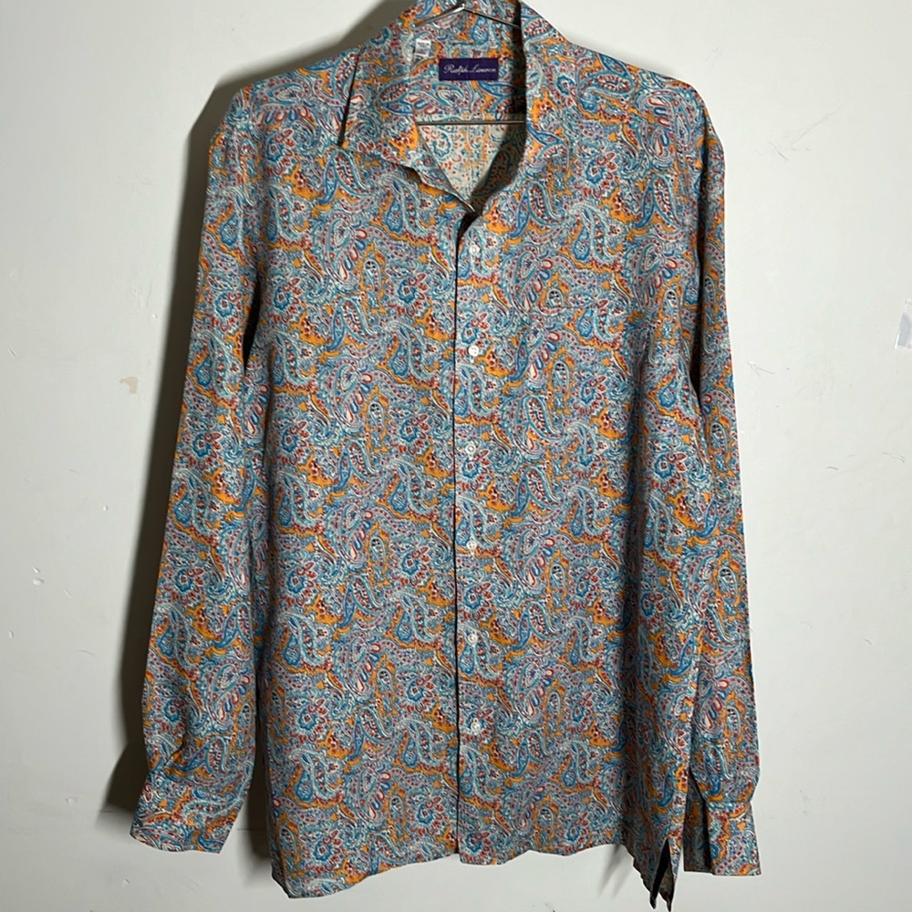 Ralph Lauren Purple Label Men Linen Casual Button Shirt Italy Paisley Sz Large - Picture 1 of 9